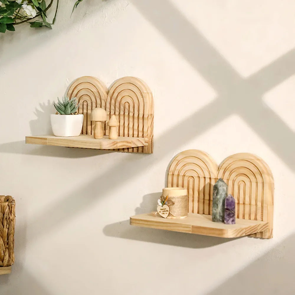 Solid wood wall-mounted flower pot storage rack with multiple shelf layers for plant display