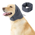 Black dog hoodie head cover with ear muffs for calming and hair control.