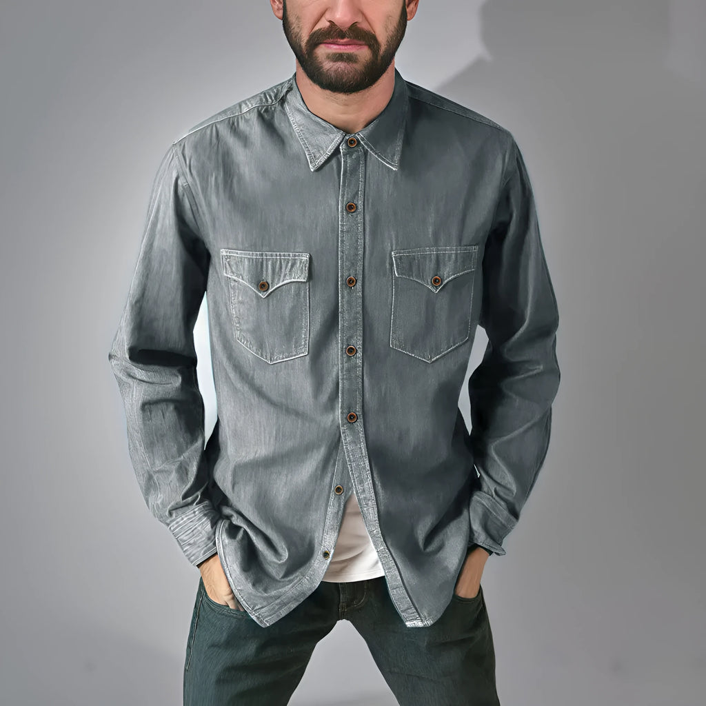 Men's denim cardigan coat in multiple colours showing regular fit design and cotton denim fabric