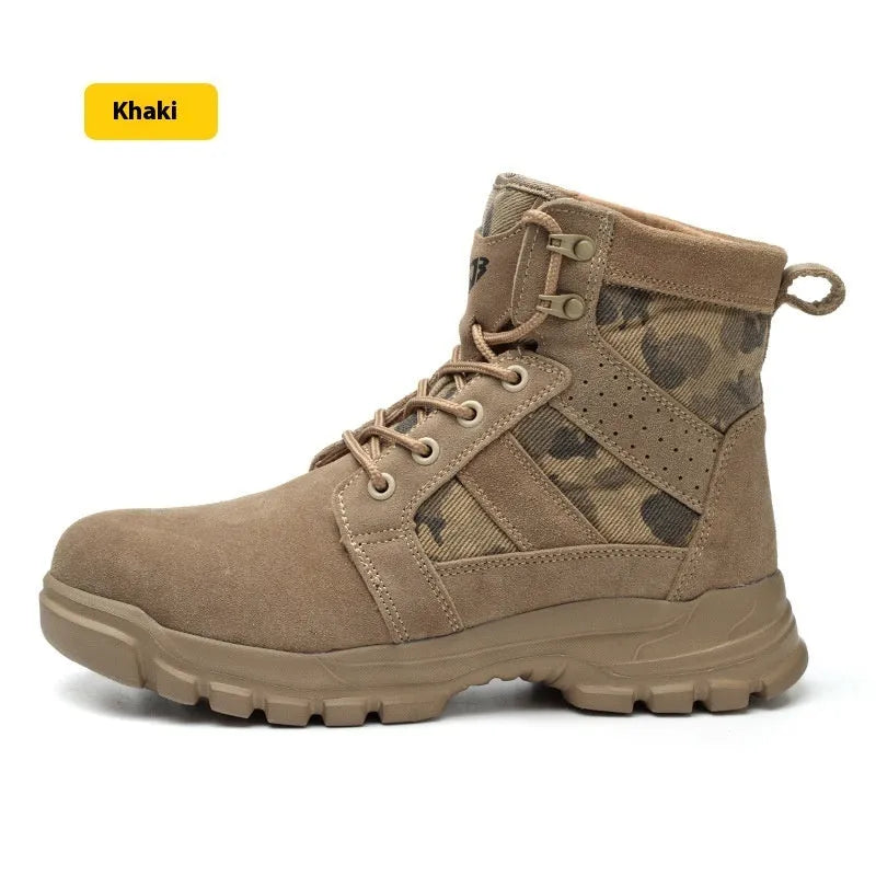 Khaki coloured high-top suede safety boots with steel toe cap and front lace-up closure on a rubber sole.