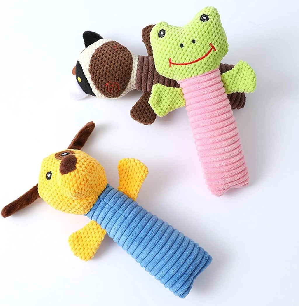 Soft stuffed dog squeaky chew toy in animal shape with teeth cleaning function