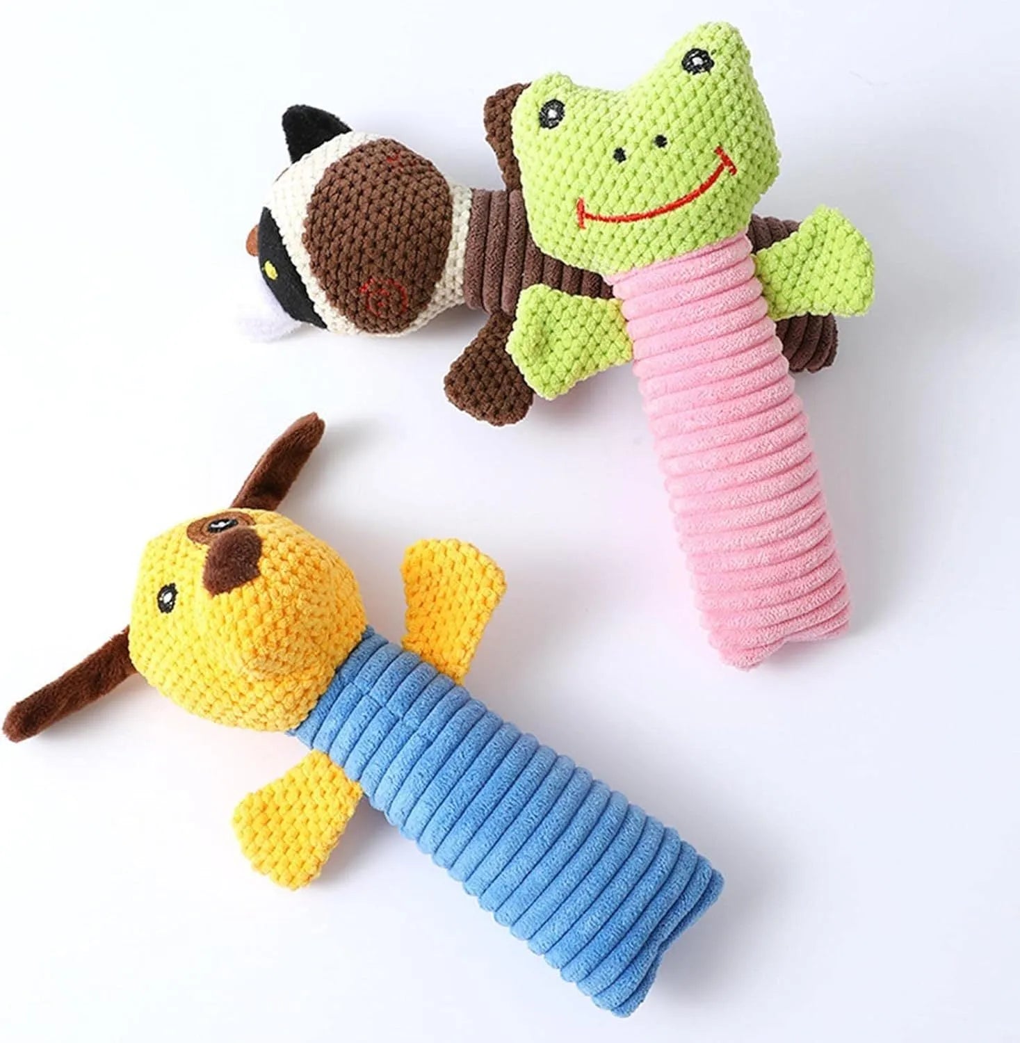 Soft stuffed dog squeaky chew toy in animal shape with teeth cleaning function