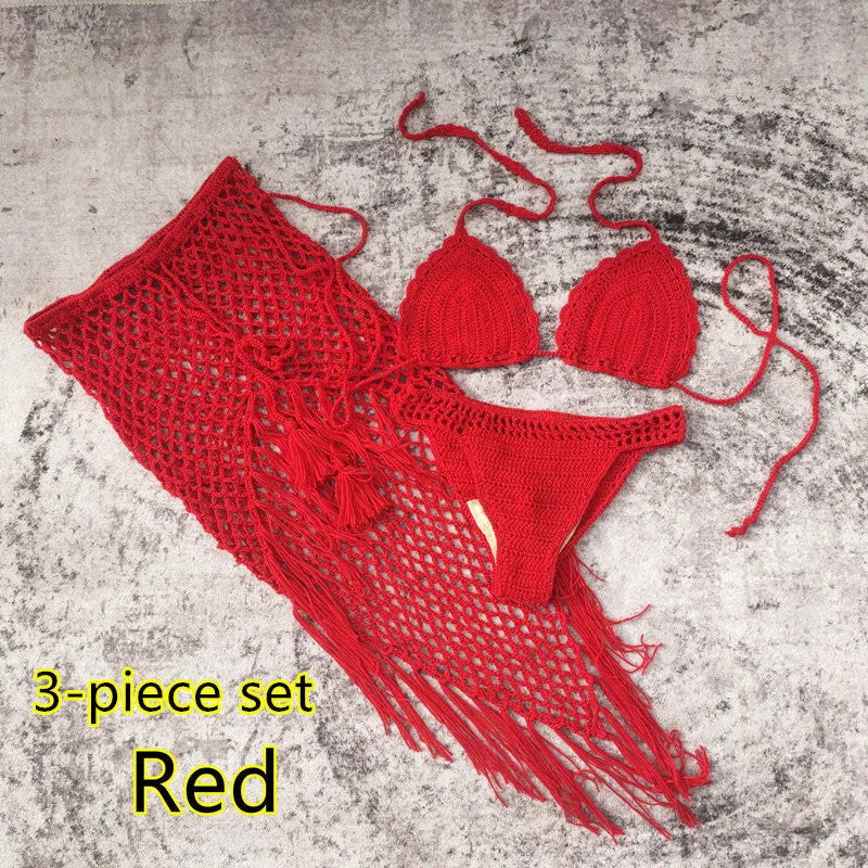 Handmade crochet bikini swimsuit set with matching beach skirt in acrylic fabric