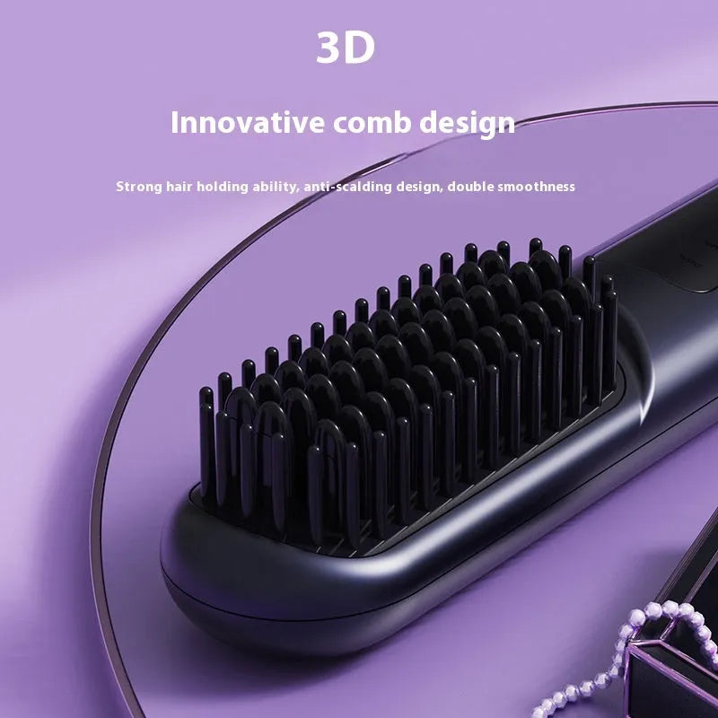 White, dark blue, and grey portable rechargeable negative ion hair comb for static control and straightening.