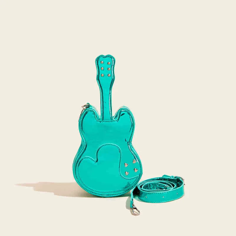 Guitar shaped PU crossbody shoulder bag in silver black yellow blue pink with 16cm width for phone and wallet