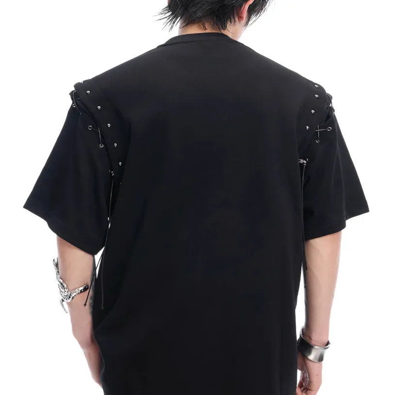 Men's black short sleeve t-shirt with lace-up front detail and cutout side panels