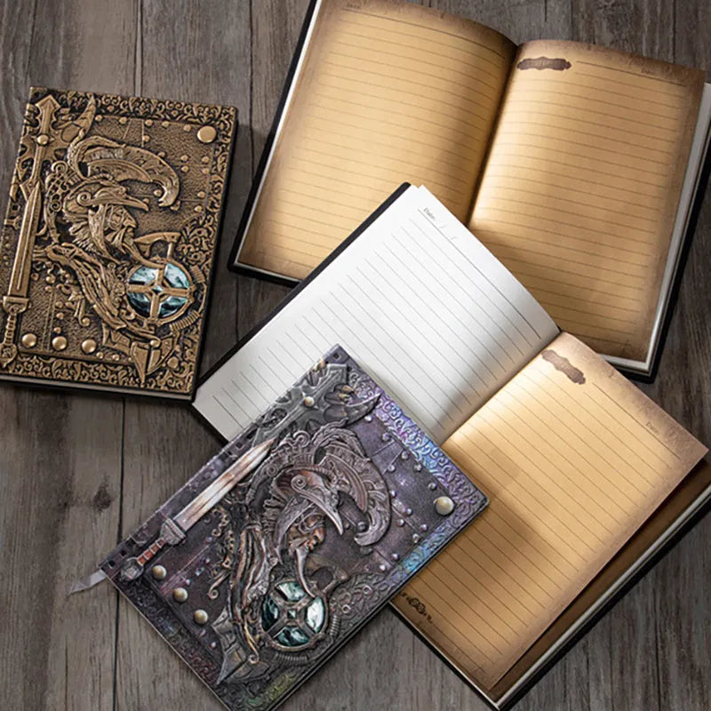 A5 leather notebook with an embossed 3D warriors design on the cover, shown in bronze colour.