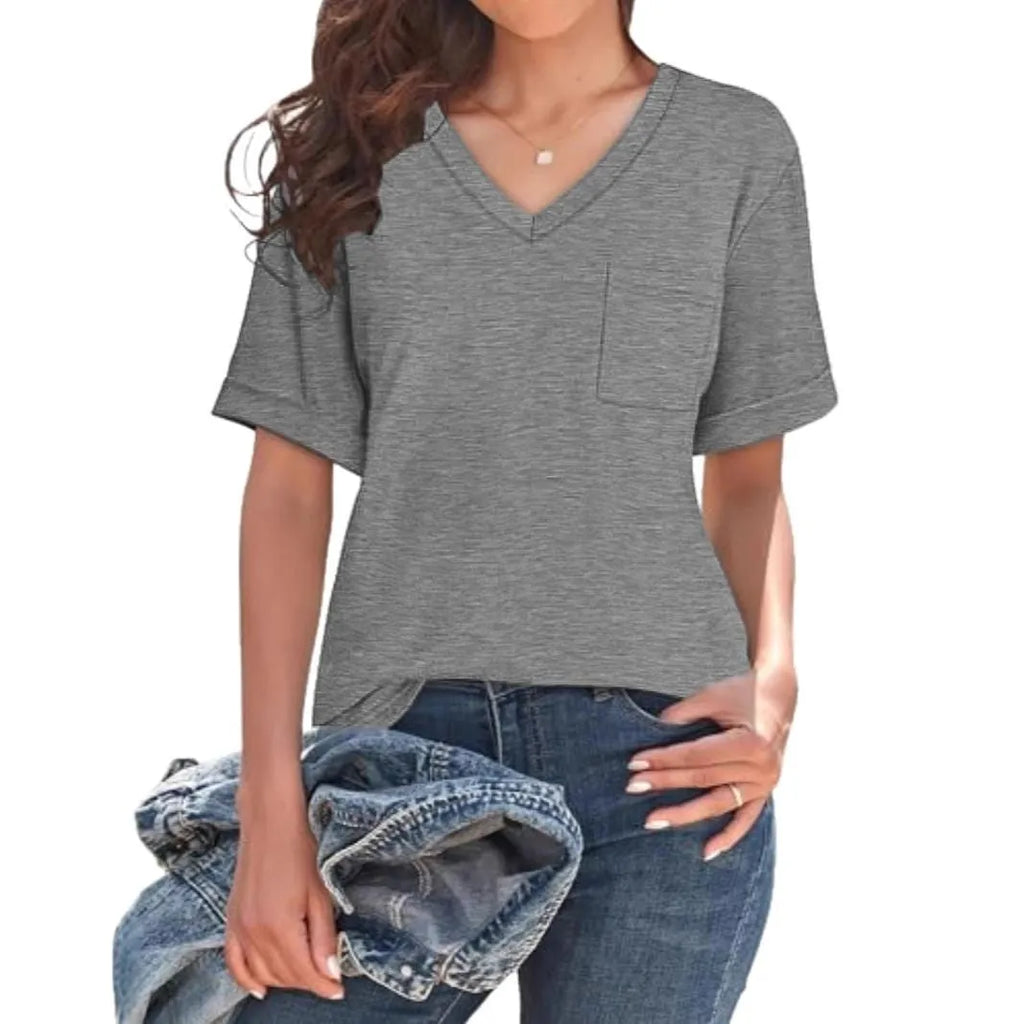 Grey loose V-neck T-shirt with chest pocket, short sleeve casual top