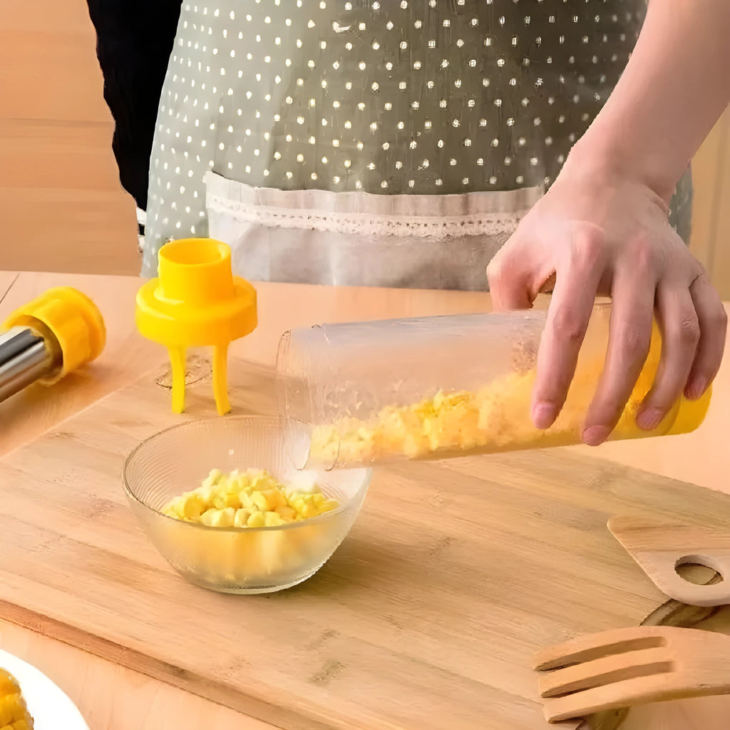 Yellow cylindrical manual corn stripper tool with ABS and stainless steel construction, 27cm high.