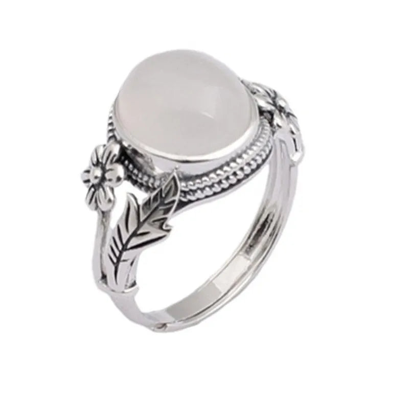 Copper vintage ring with adjustable opening and imitation white chalcedony stone