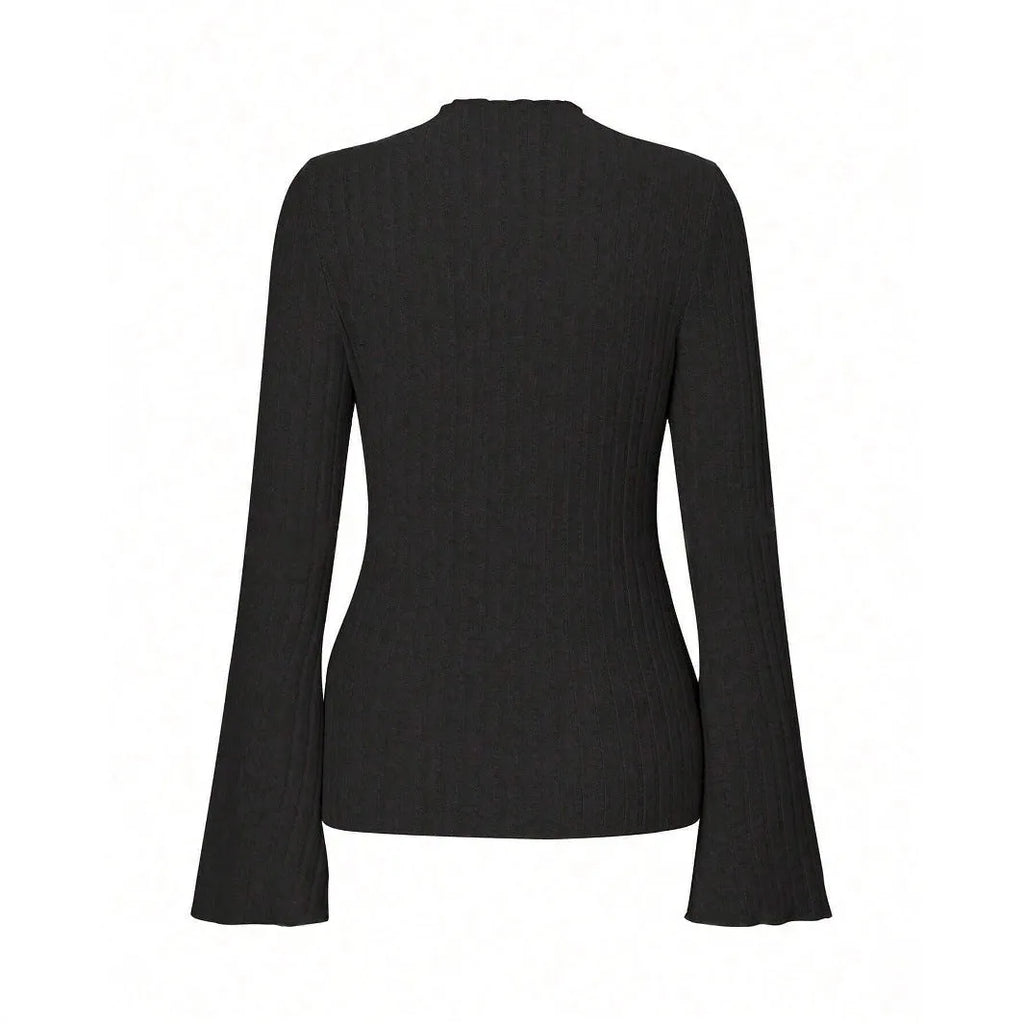 Long sleeve slim fit polyester top with lantern sleeves in black colour, showing round neck design