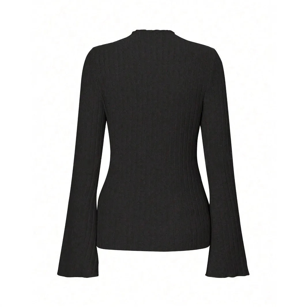 Long sleeve slim fit polyester top with lantern sleeves in black colour, showing round neck design