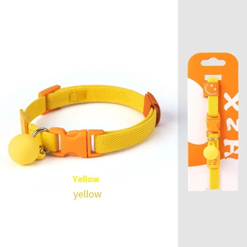 Small dog wearing high elasticity polyester pet collar in yellow colour