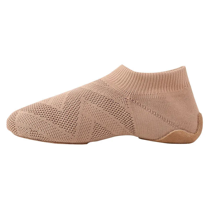 Camel colour Latin dance shoes with simple print, cotton mesh upper, and leather sole on a neutral background.