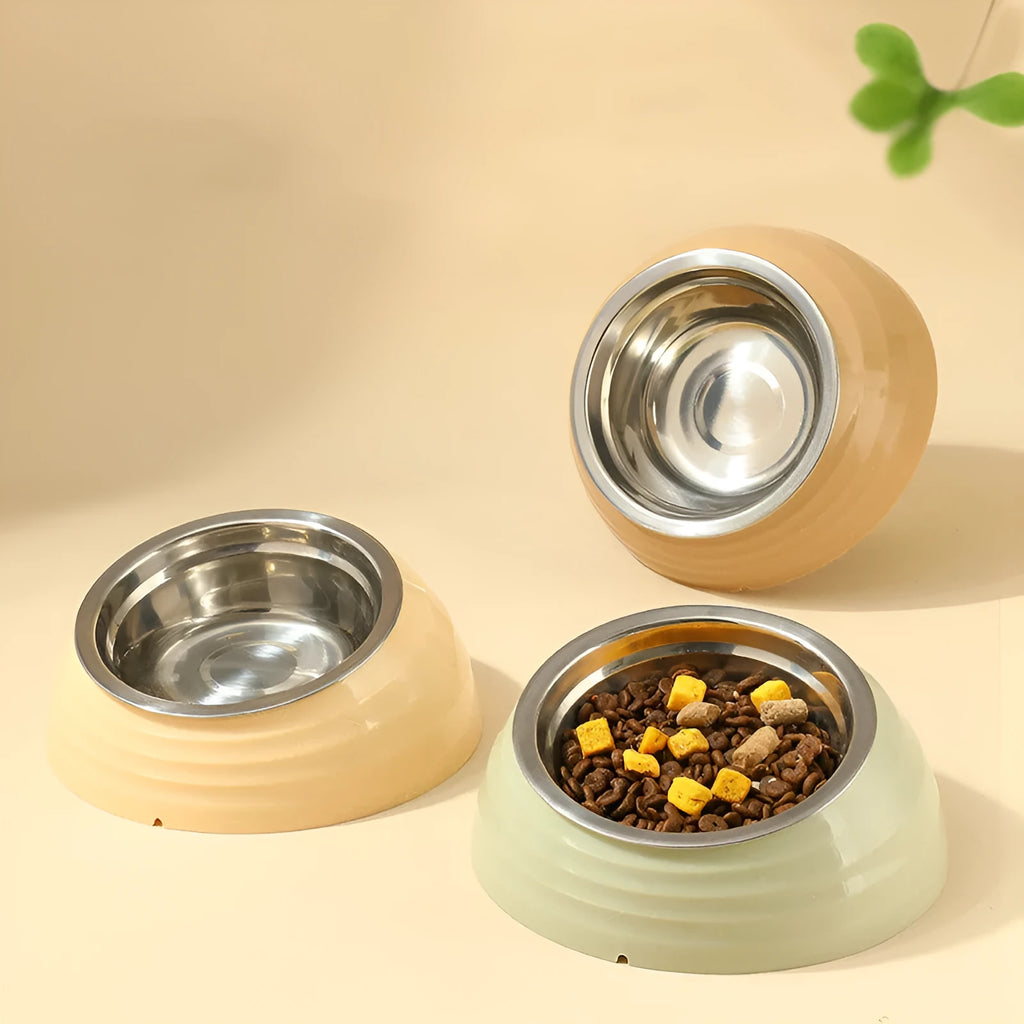 Stainless steel cat bowl on plastic base in light green, brown, or beige colour options