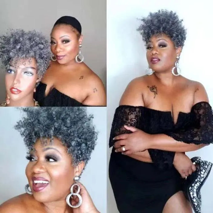 Women's short synthetic wig with simple rolls styling in Kanekalon fibre, shown in H002 Black colour
