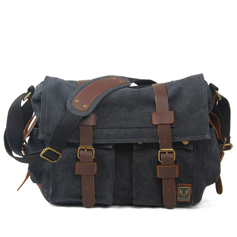Men's 38cm wide canvas crossbody bag with cowhide trim in retro postman style