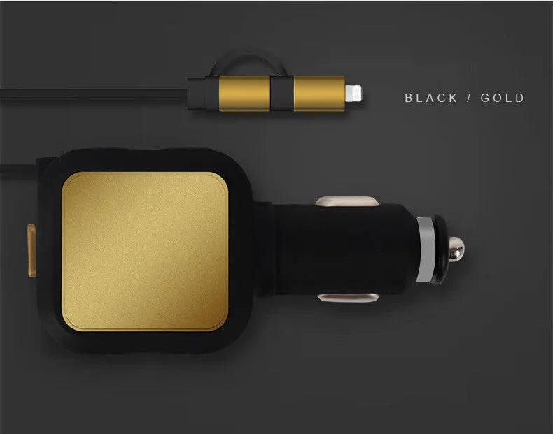 Black and gold dual USB car charger with retractable cable plugged into a car's 12V socket.