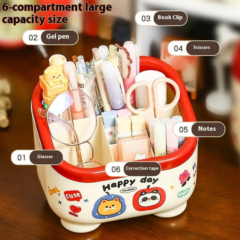 Plastic desktop storage box with cartoon stickers showing 2L capacity for stationery organisation