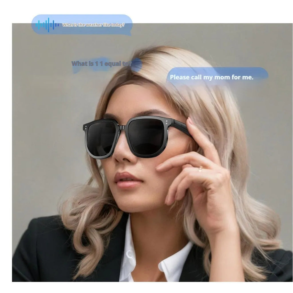 Black AI smart Bluetooth sunglasses with touch controls on the frame for audio and calls.