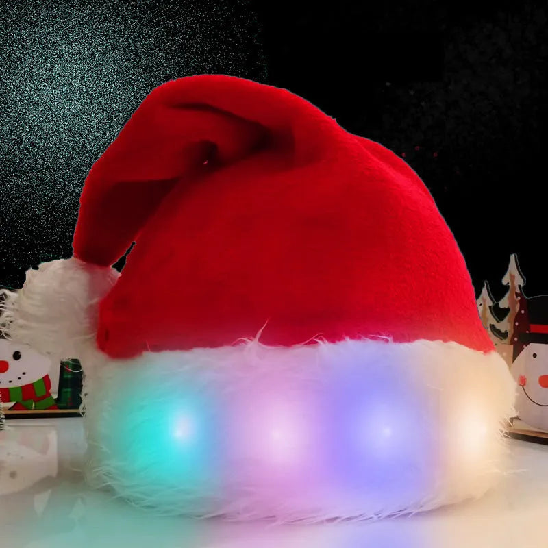 Red and white plush Santa hat with white pom-pom and 20 glowing LED lights on the brim.