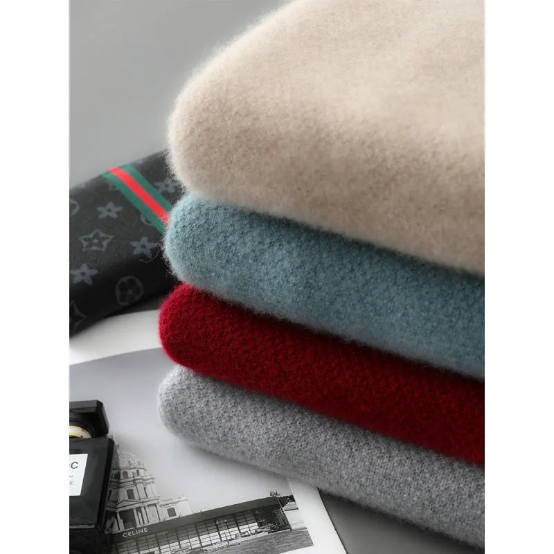 Half-zip wool sweater in slim fit with round neck, shown in one of four colours: Chinese Red, Grey, Pea Green, or Raw Velvet Camel