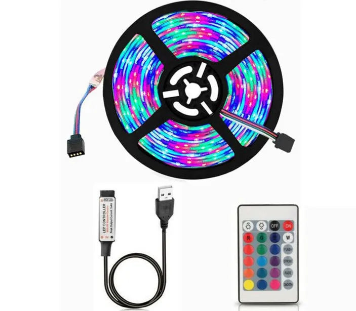 One-metre long flexible USB LED light strip showing SMD5050 LEDs, with a white USB connection cable.