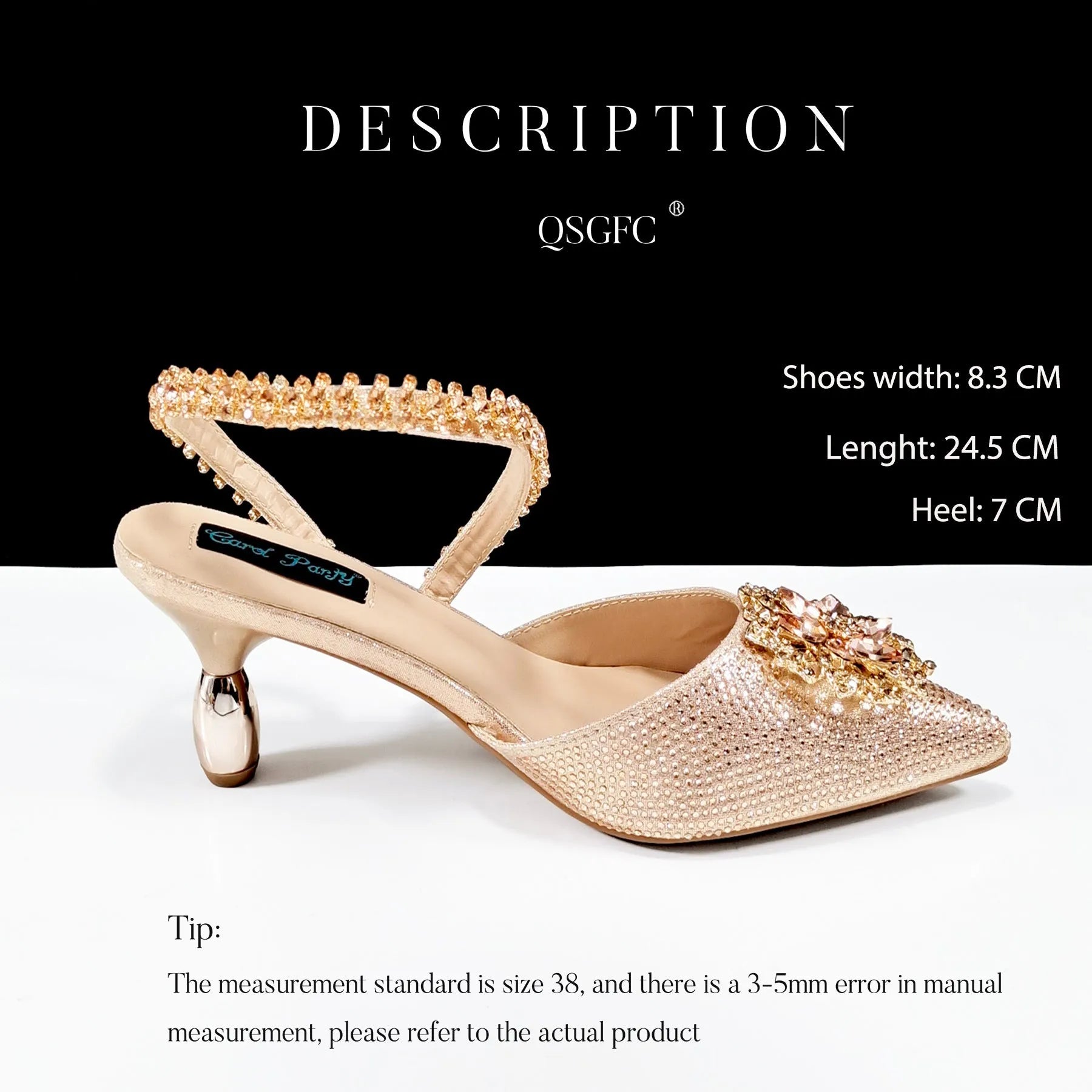 Women's black high heel sandal with rhinestone flower decoration and ankle chain, shown with matching clutch bag