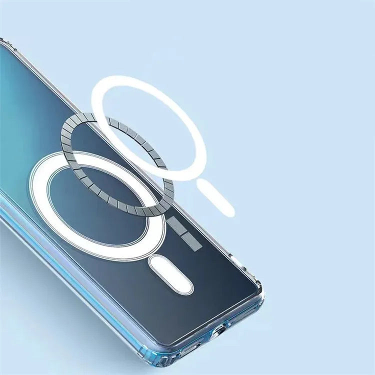 Transparent MagSafe magnetic phone case for Samsung smartphones showing magnetic ring and clear TPU material