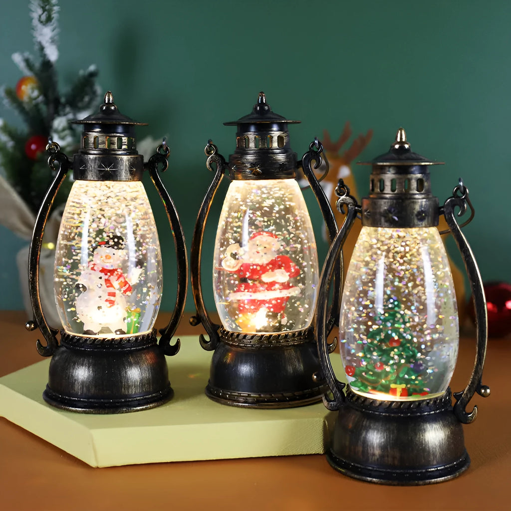 Crystal ball oil lamp desktop decoration with snowman design and battery-powered illumination