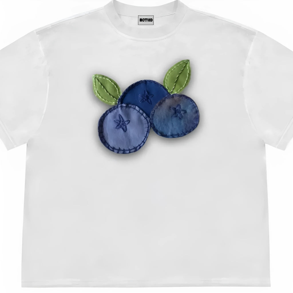 Blueberry and floral patchwork design on a loose-fit ice oxygen cotton short sleeve T-shirt