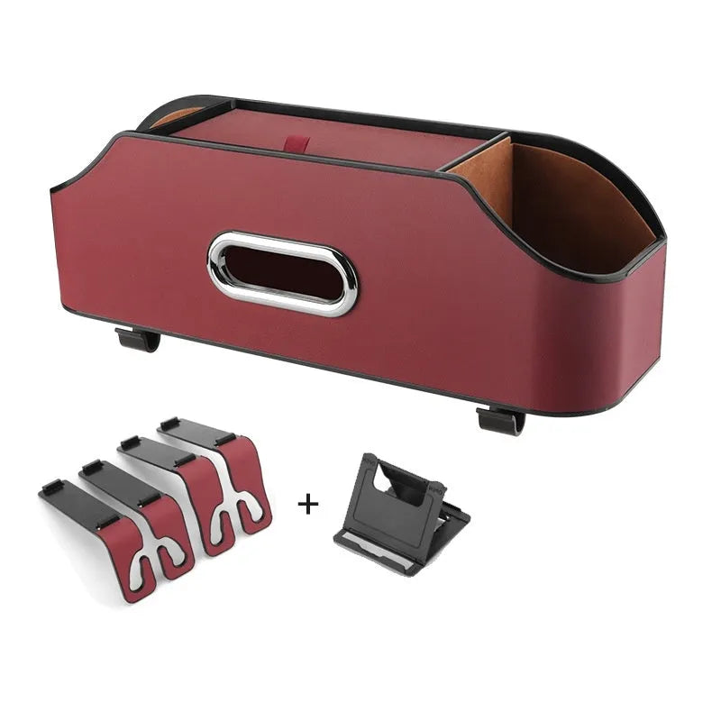 Genuine leather car tissue box with integrated water cup holder in suspended storage configuration
