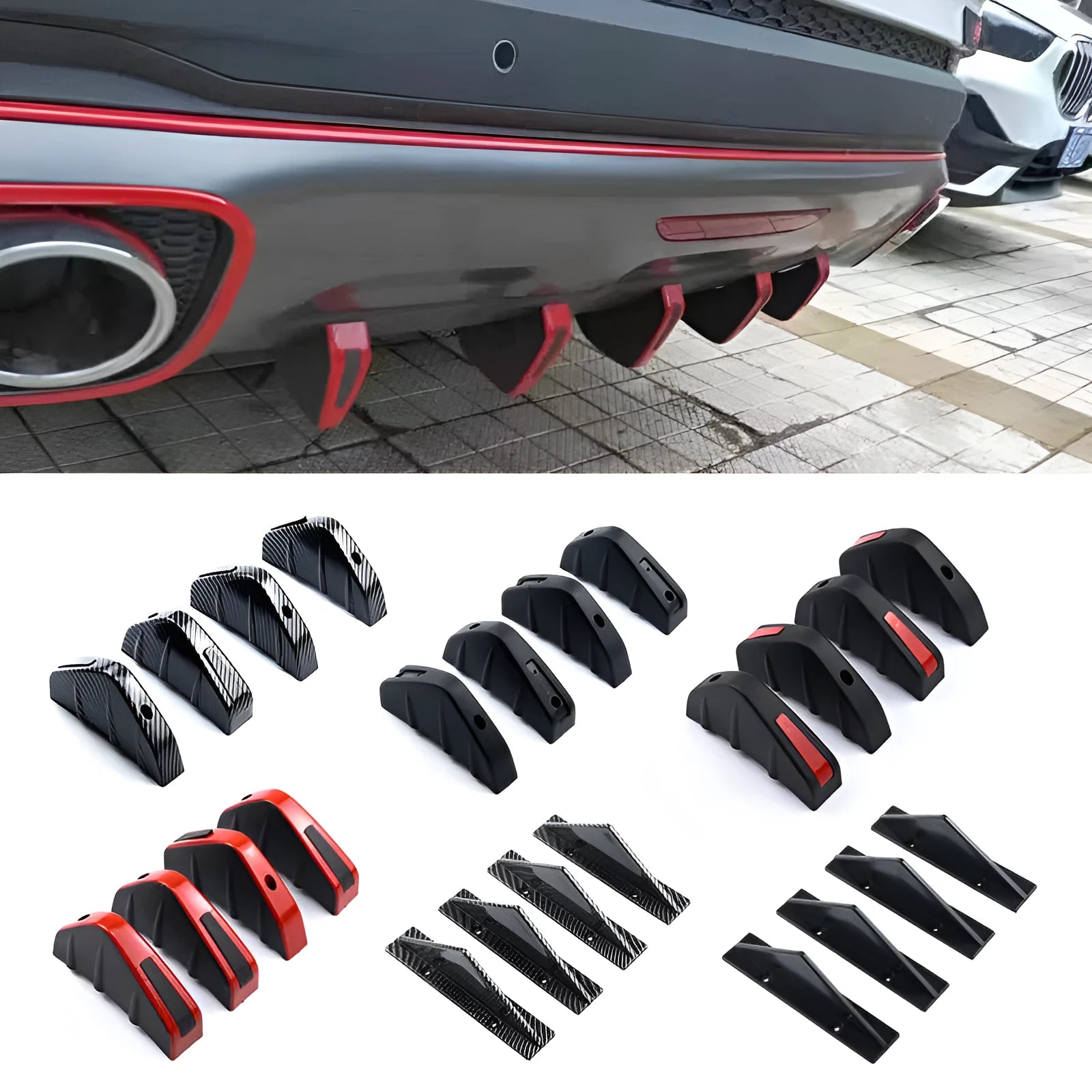 Black triangular automotive rear spoiler with carbon fibre effect finish, 15cm dimension