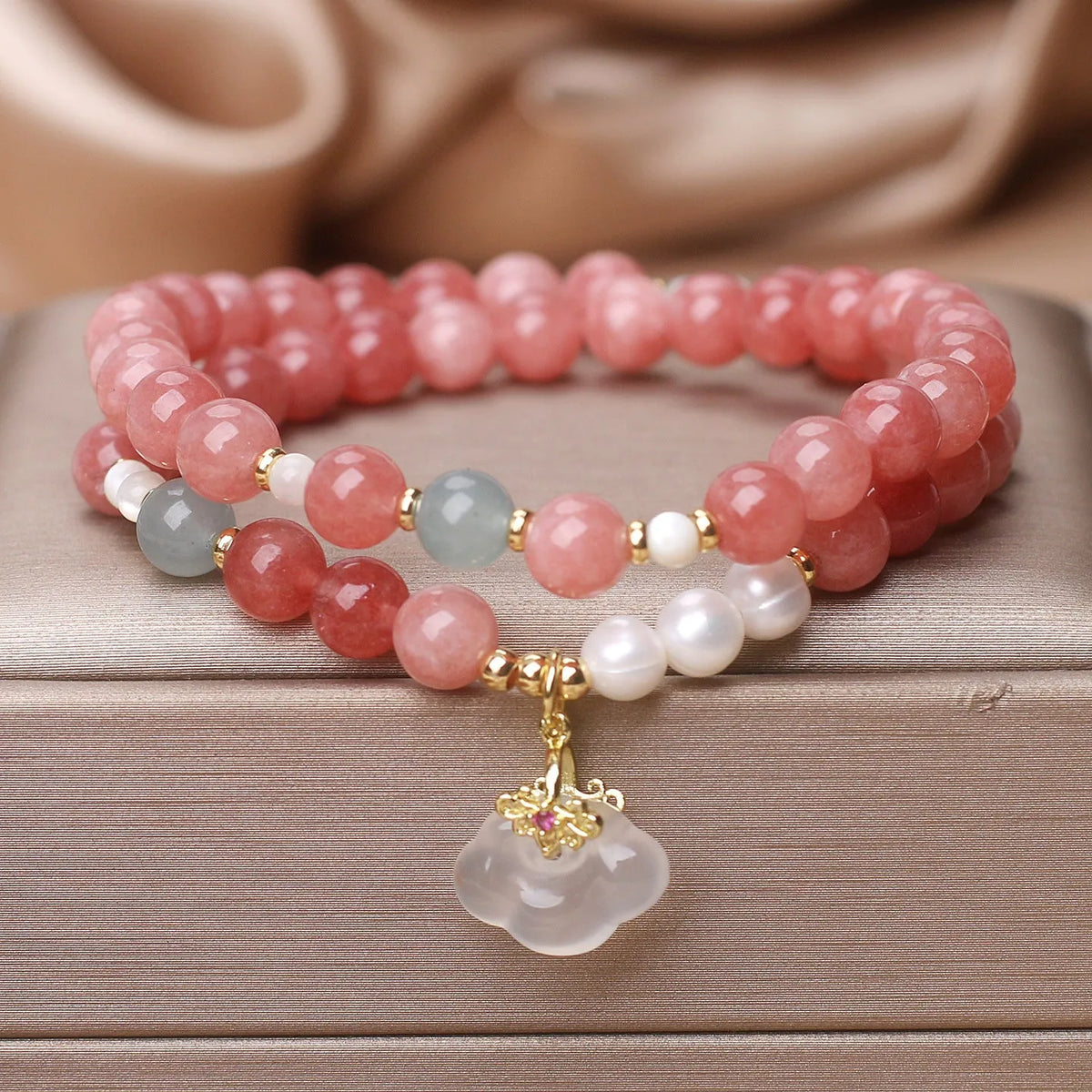 Pink agate crystal bracelet for women with double ring design, handmade Chinese style