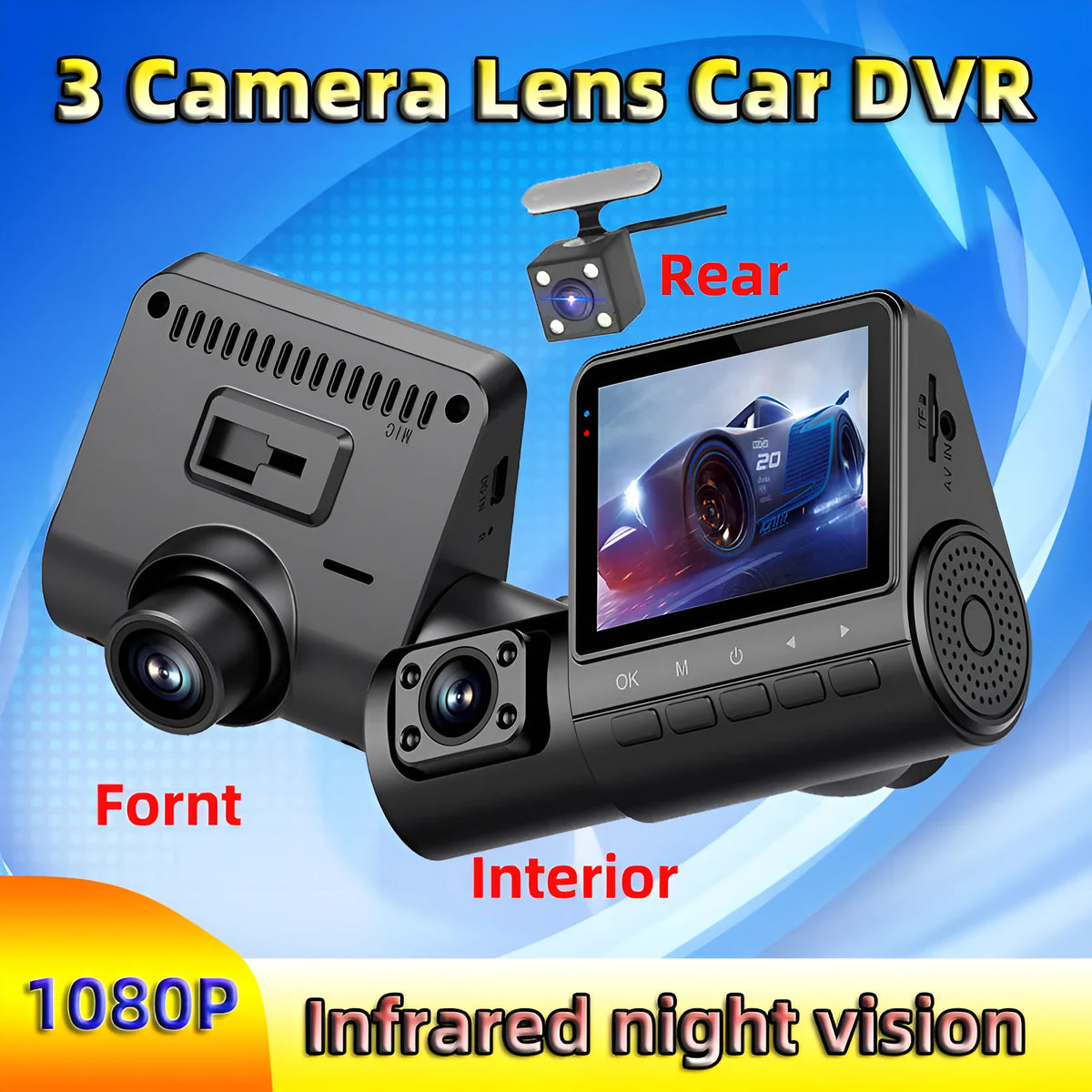 Black plastic 1080P car recorder with 170° angle, touch screen, 128G storage and night vision enhancement