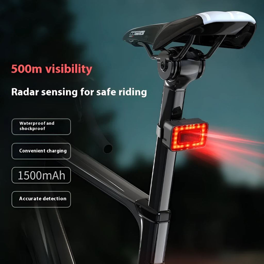 Smart millimeter wave bicycle taillight with radar sensor and IP64 waterproof rating for night safety