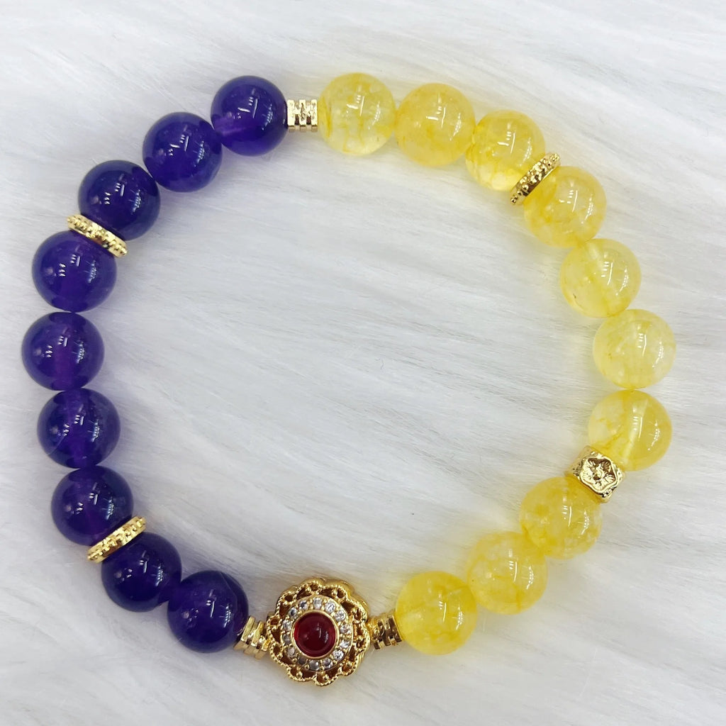 Handmade yellow and purple crystal amethyst bracelet for women with adjustable length