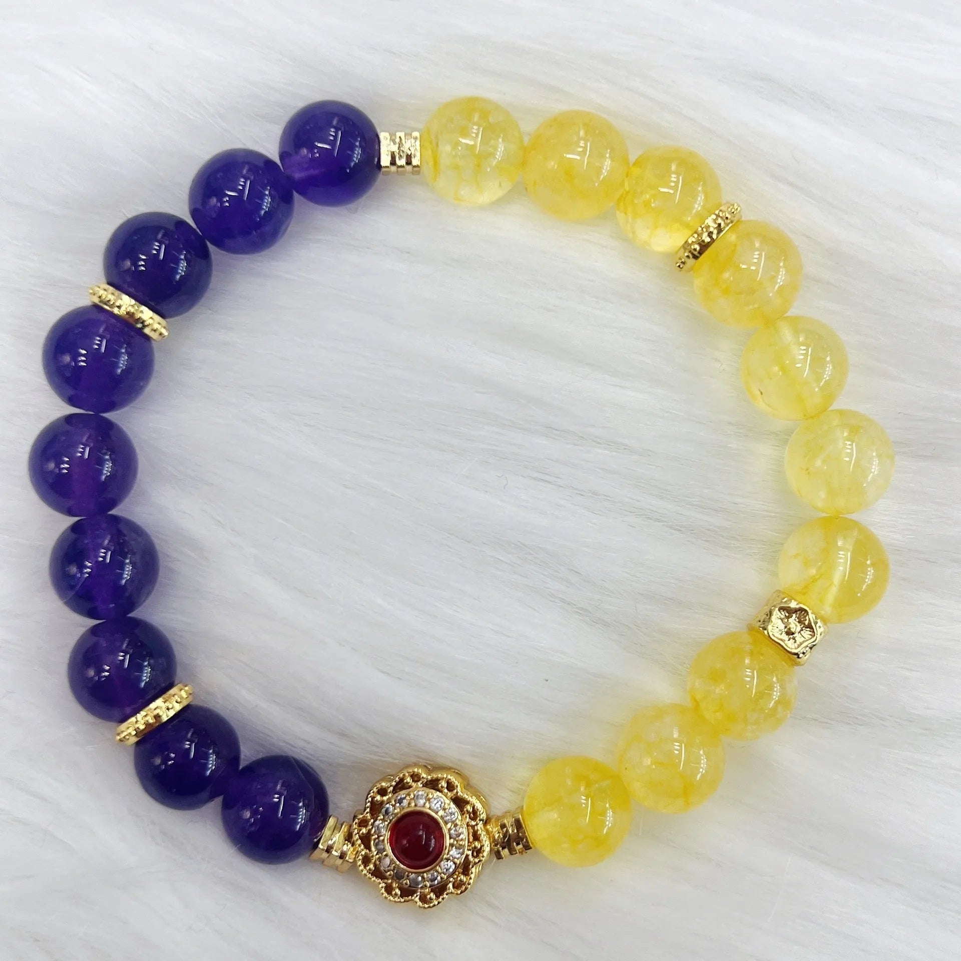 Handmade yellow and purple crystal amethyst bracelet for women with adjustable length
