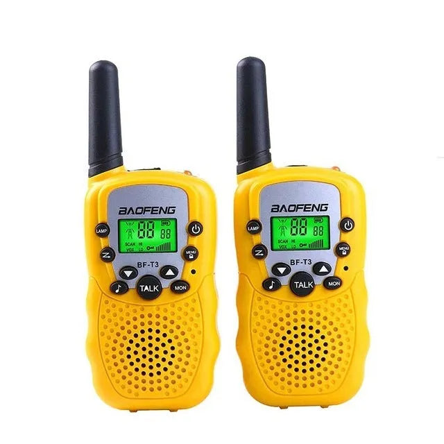 Children's walkie talkie set in various colours showing handheld design with antenna and channel selector