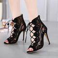 Black suede lace high heels with fish mouth toe, stiletto heel above 8 cm, and hollow detail.