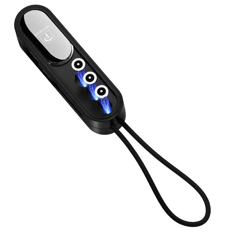 Black magnetic three-in-one charging cable showing three connectors branching from 0.4 metre USB cable