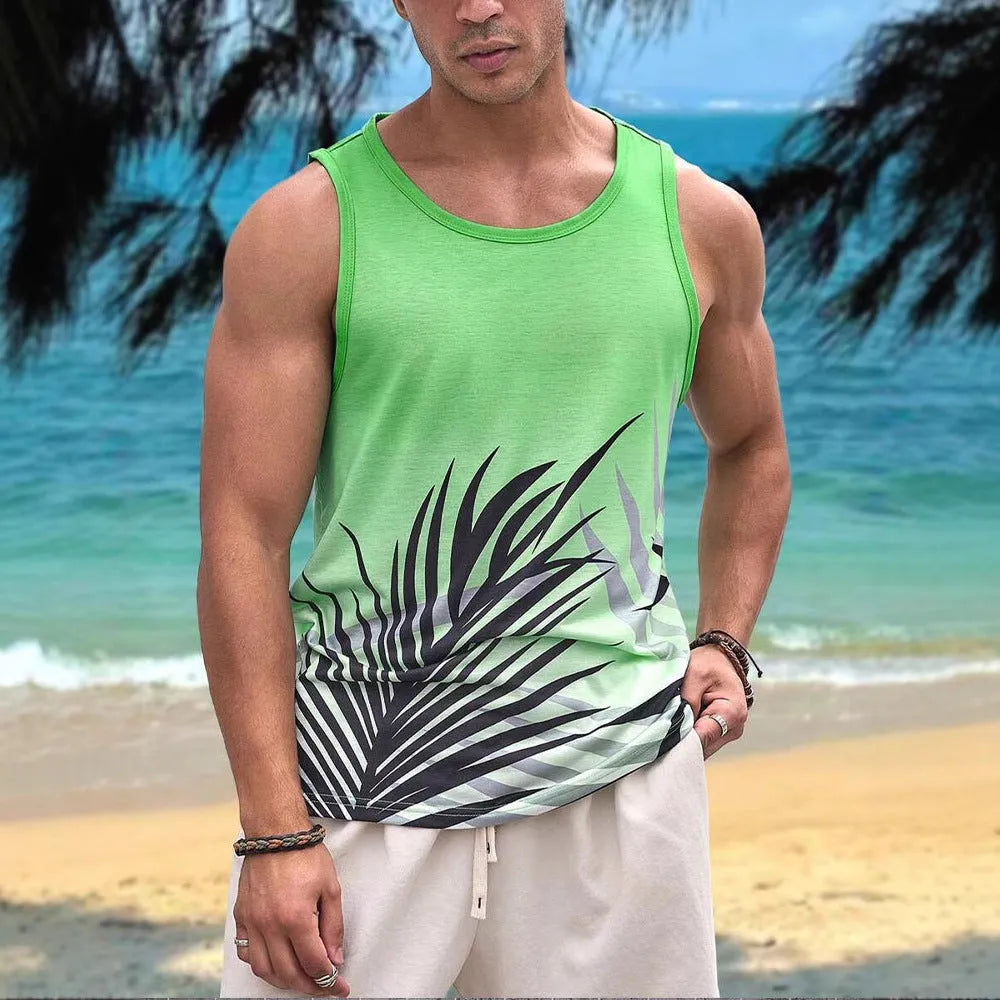 Men's 3D printed Hawaiian style sleeveless vest T-shirt in solid colour
