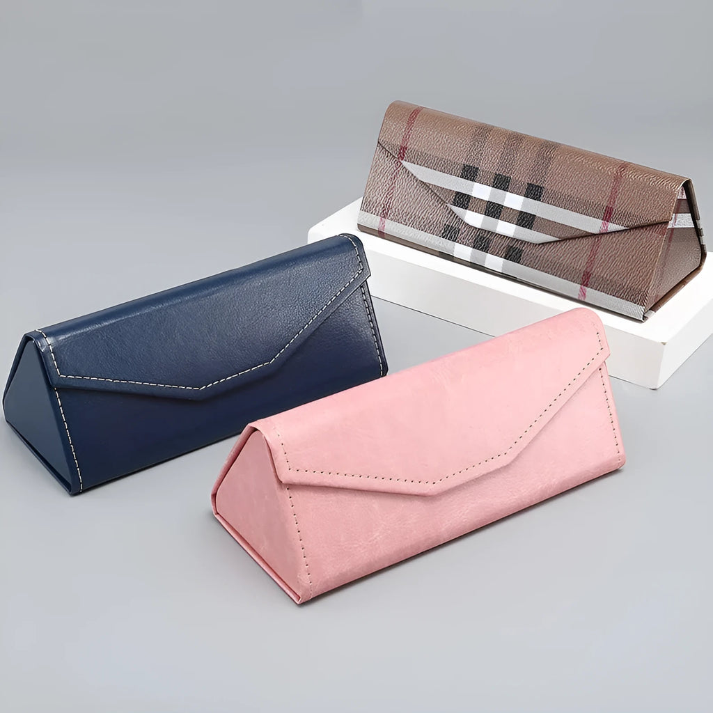 Handmade triangle folding glasses case in PU cowhide, colours: black, pink, brown, dark blue, plaid.