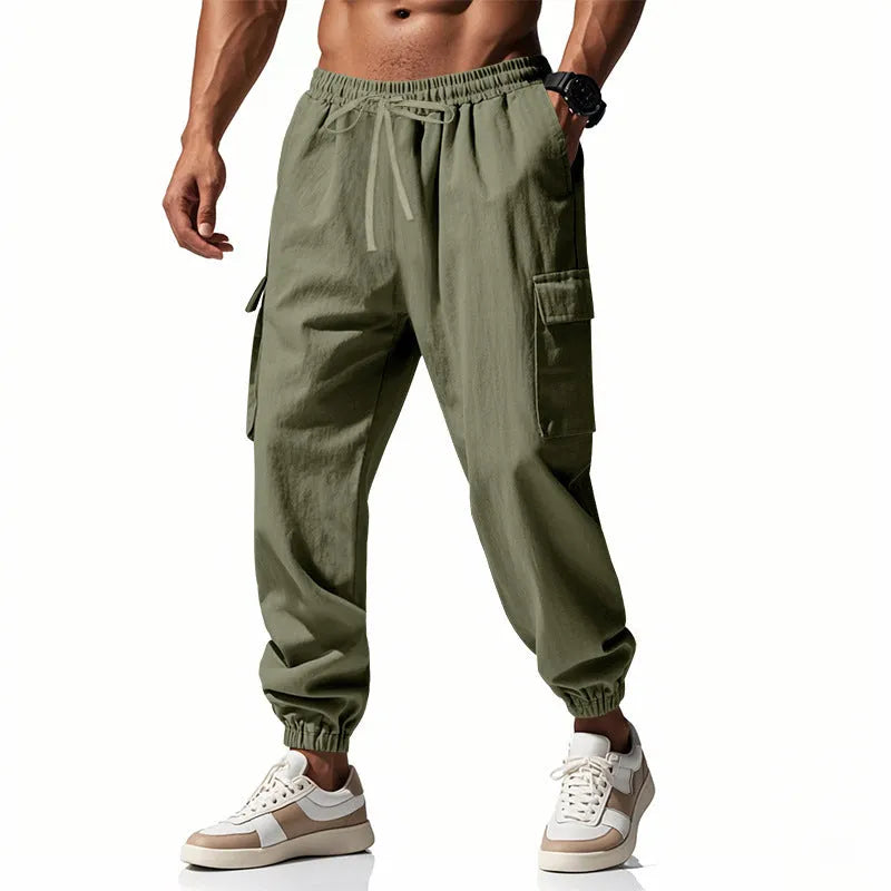 Men's ankle-tied linen casual trousers in Army Green with drawstring waist and multiple pockets