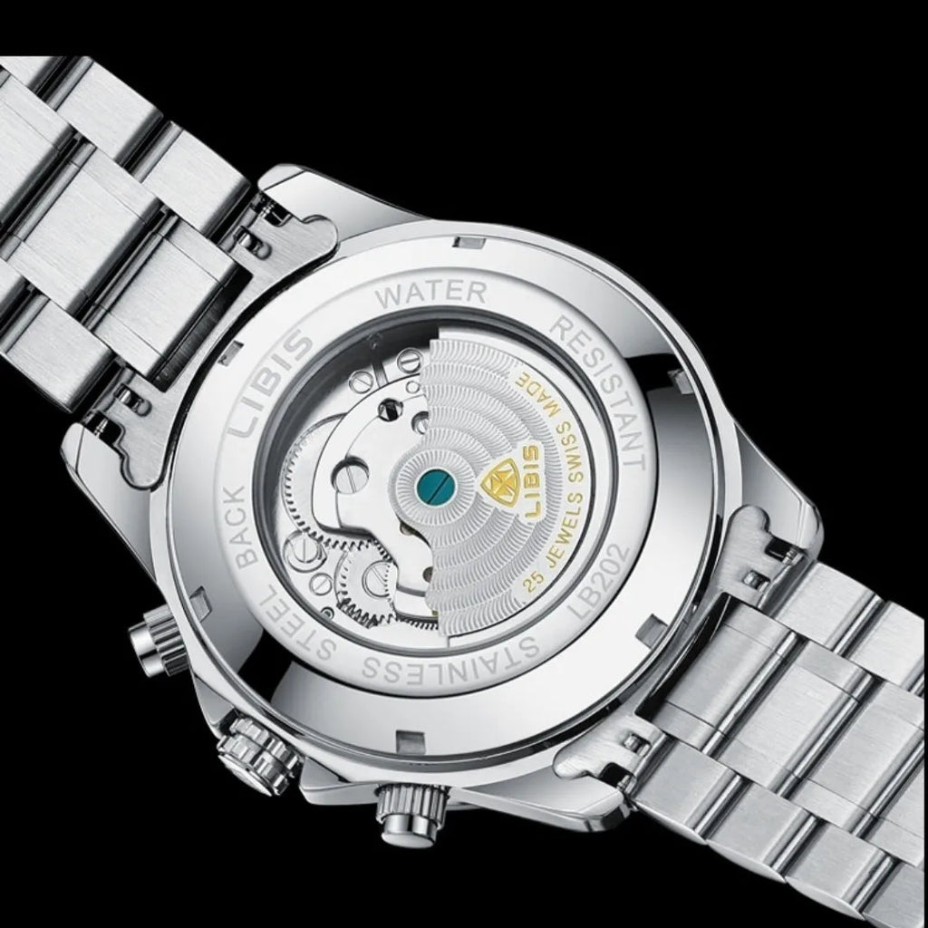 Men's silver automatic perpetual calendar mechanical watch with stainless steel strap and sapphire glass