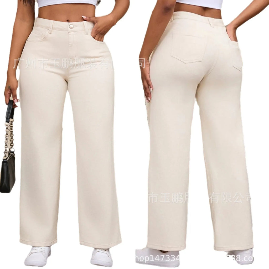 Women's apricot wide leg high waist jeans with straight cut on a hanger