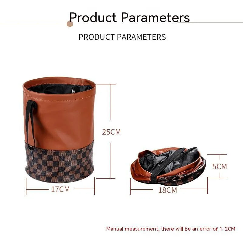 Retractable leather car trash can showing folding design and built-in handle