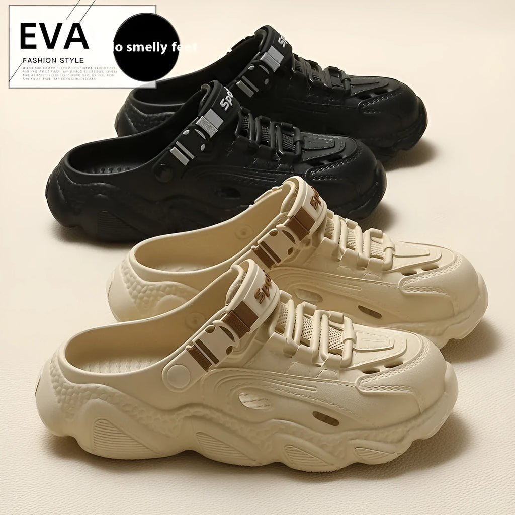 Men's khaki outdoor slippers with breathable hollow-out design and textured EVA sole.