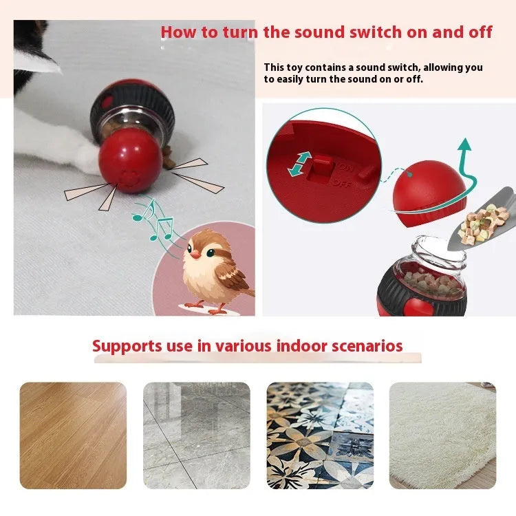 Plastic rotating cat toy ball with sound mechanism and treat dispensing hole measuring 155mm