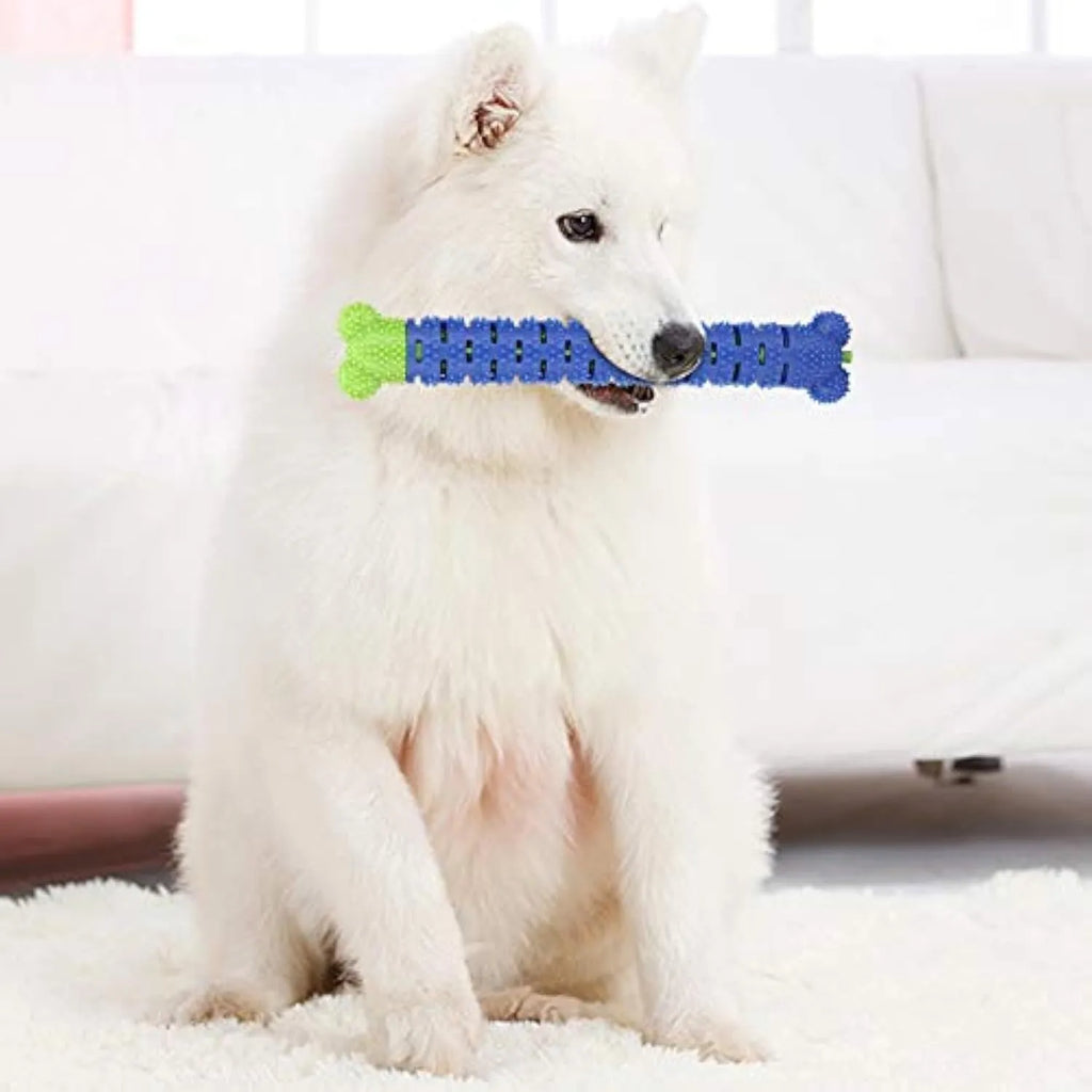 Blue silicone dog dental cleaning stick with serrated edges and bristles for teeth cleaning